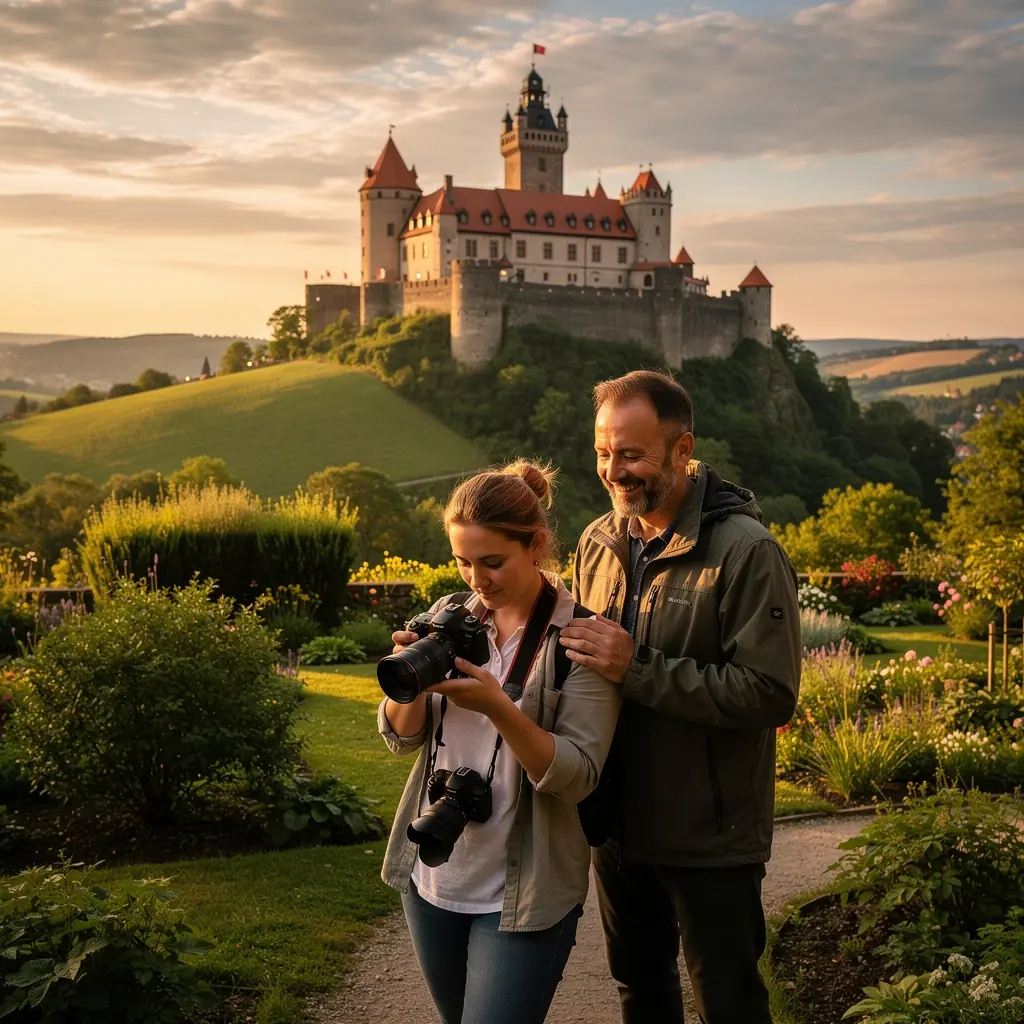 Piknik v přírodě na louce s výhledem na horské vrcholy.